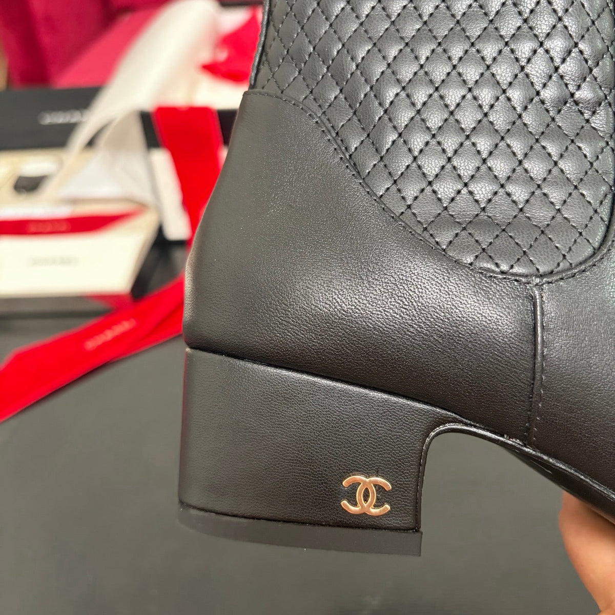 Chanel 26K Shoes Ankle Boots Black Quilted Patent Black Toe Cap Low Heel 189003