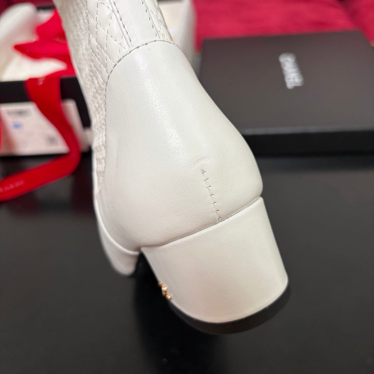 Chanel 26K Shoes Ankle Boots White Quilted Patent Black Toe Cap Low Heel 189004