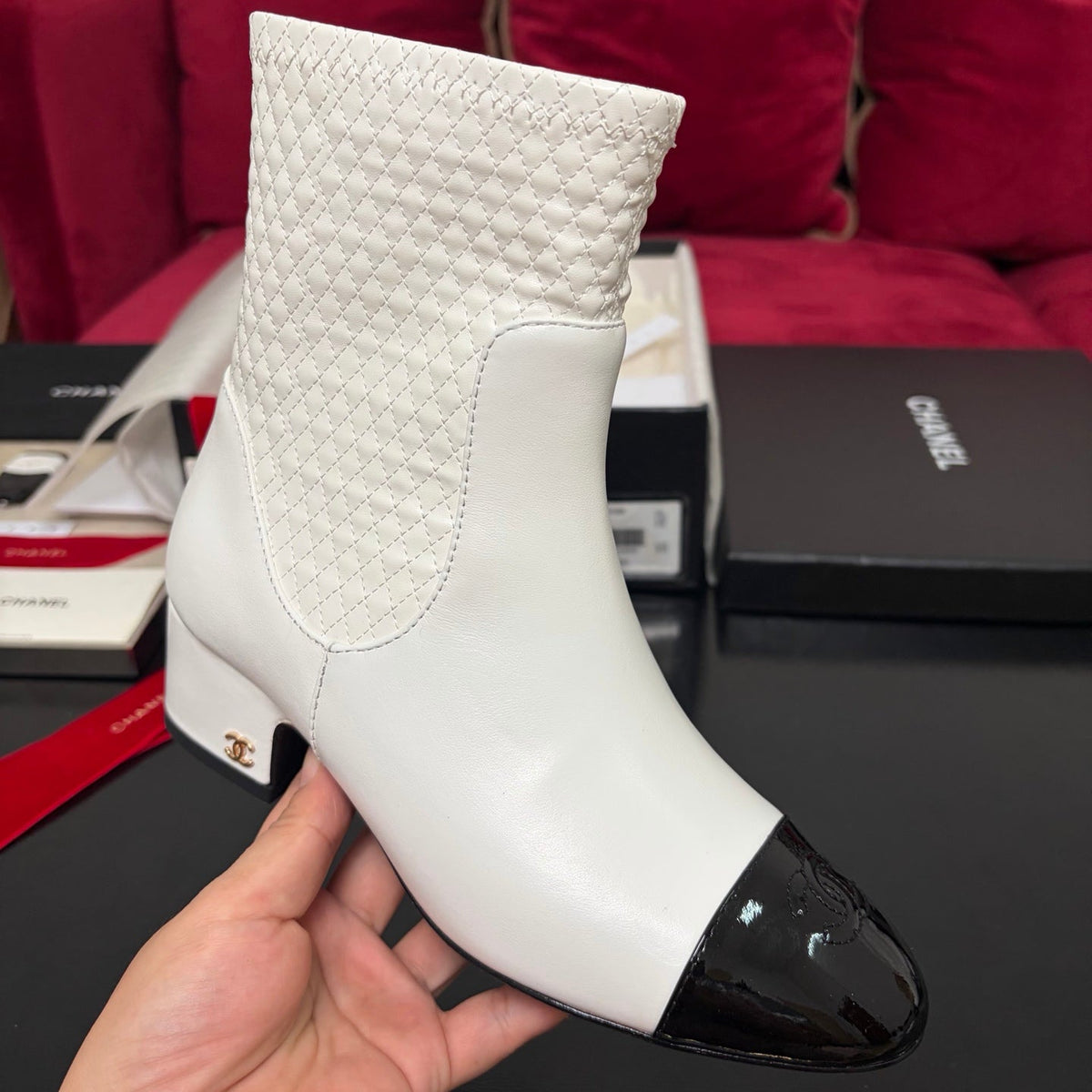Chanel 26K Shoes Ankle Boots White Quilted Patent Black Toe Cap Low Heel 189004