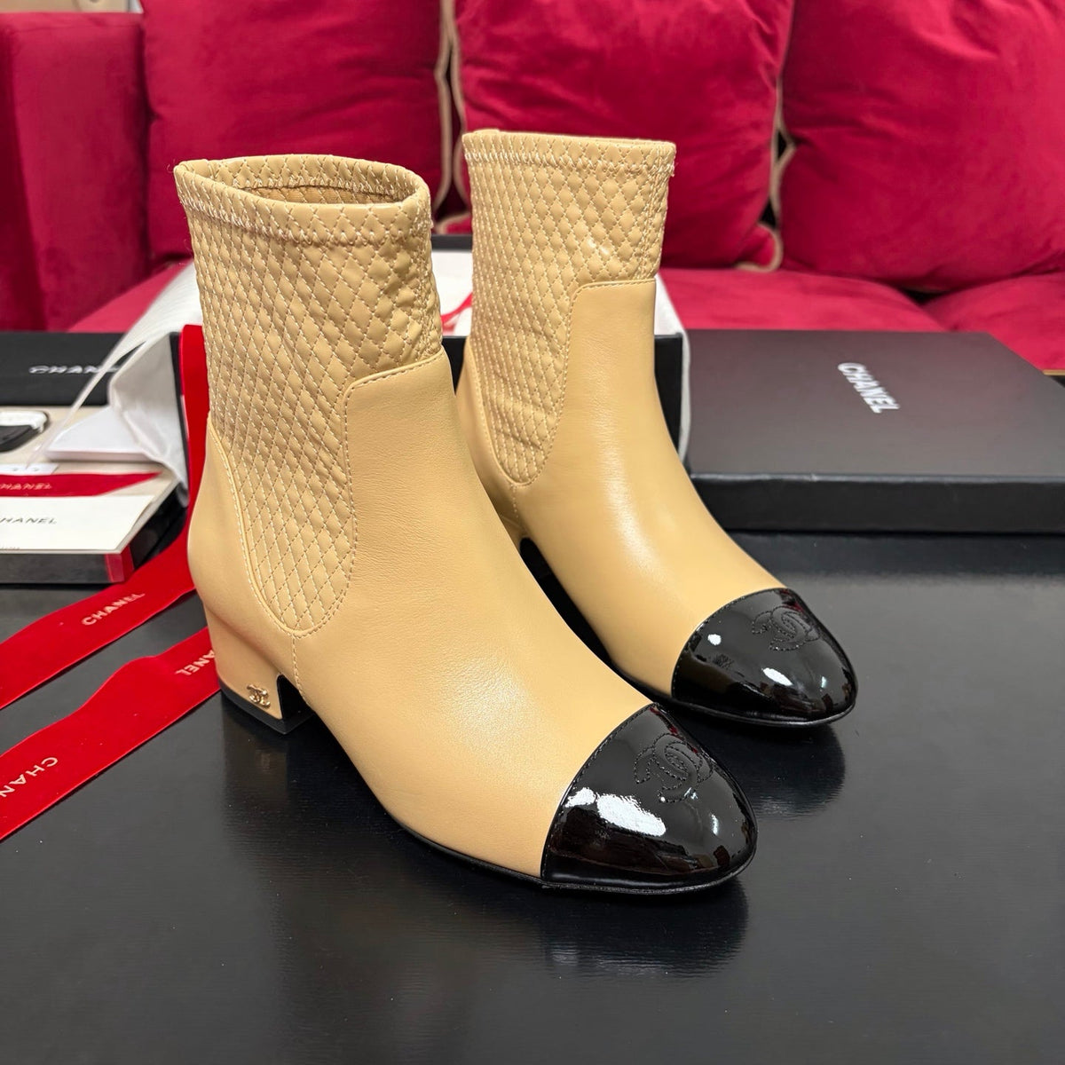 Chanel 26K Shoes Ankle Boots Beige Quilted Patent Black Toe Cap Low Heel 189006