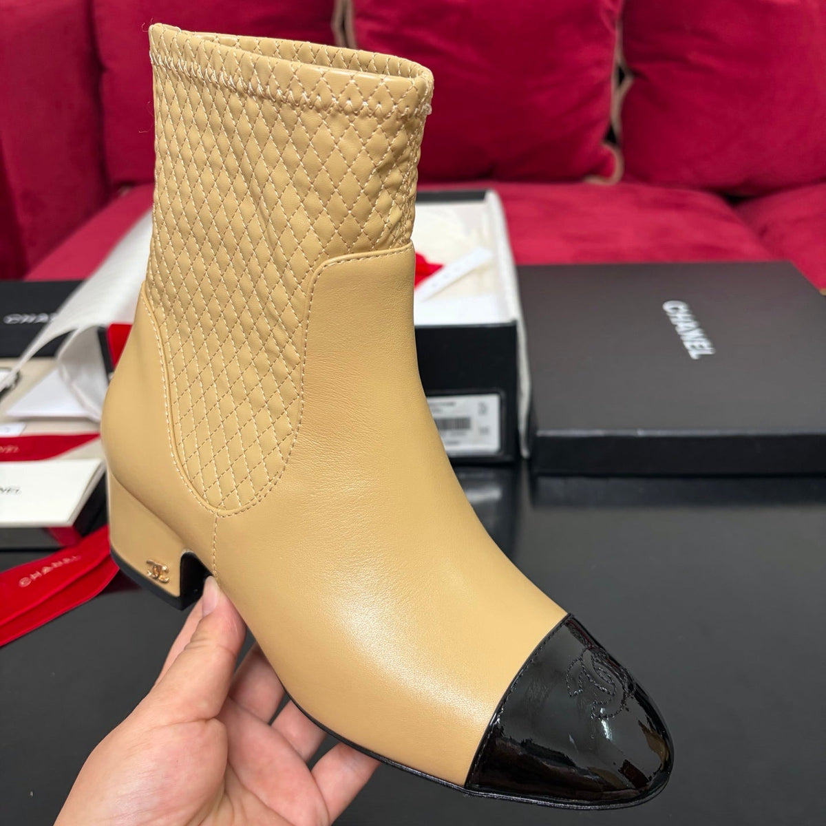 Chanel 26K Shoes Ankle Boots Beige Quilted Patent Black Toe Cap Low Heel 189006