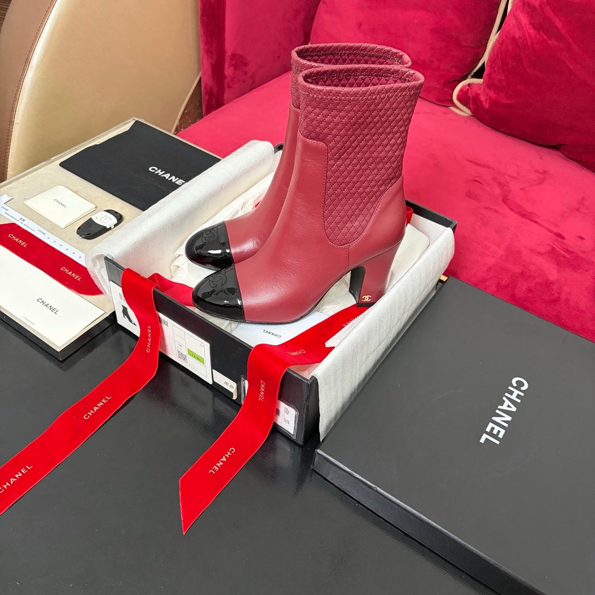 Chanel 26K Shoes Ankle Boots Burgundy Quilted Patent Black Toe Cap 189009