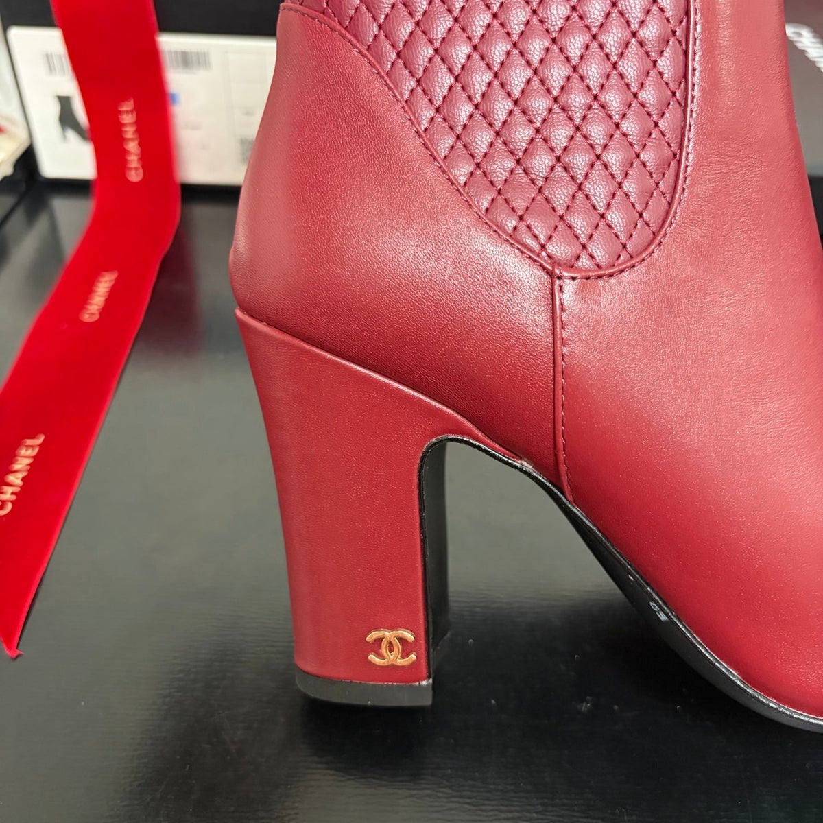 Chanel 26K Shoes Ankle Boots Burgundy Quilted Patent Black Toe Cap 189009