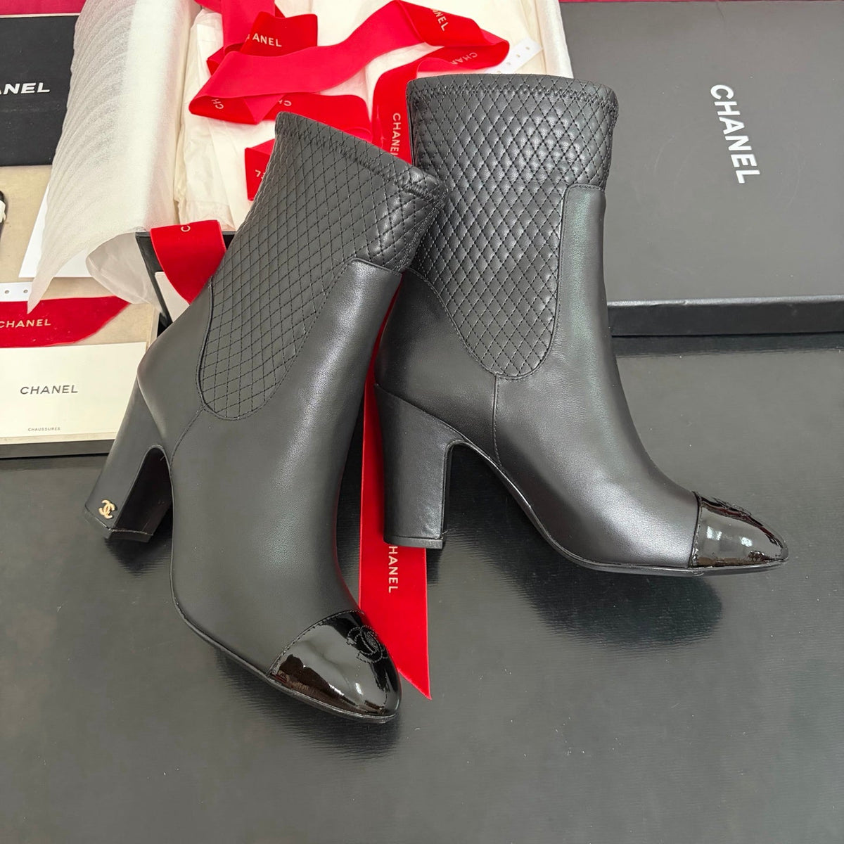 Chanel 26K Shoes Ankle Boots Black Quilted Patent Black Toe Cap 189010