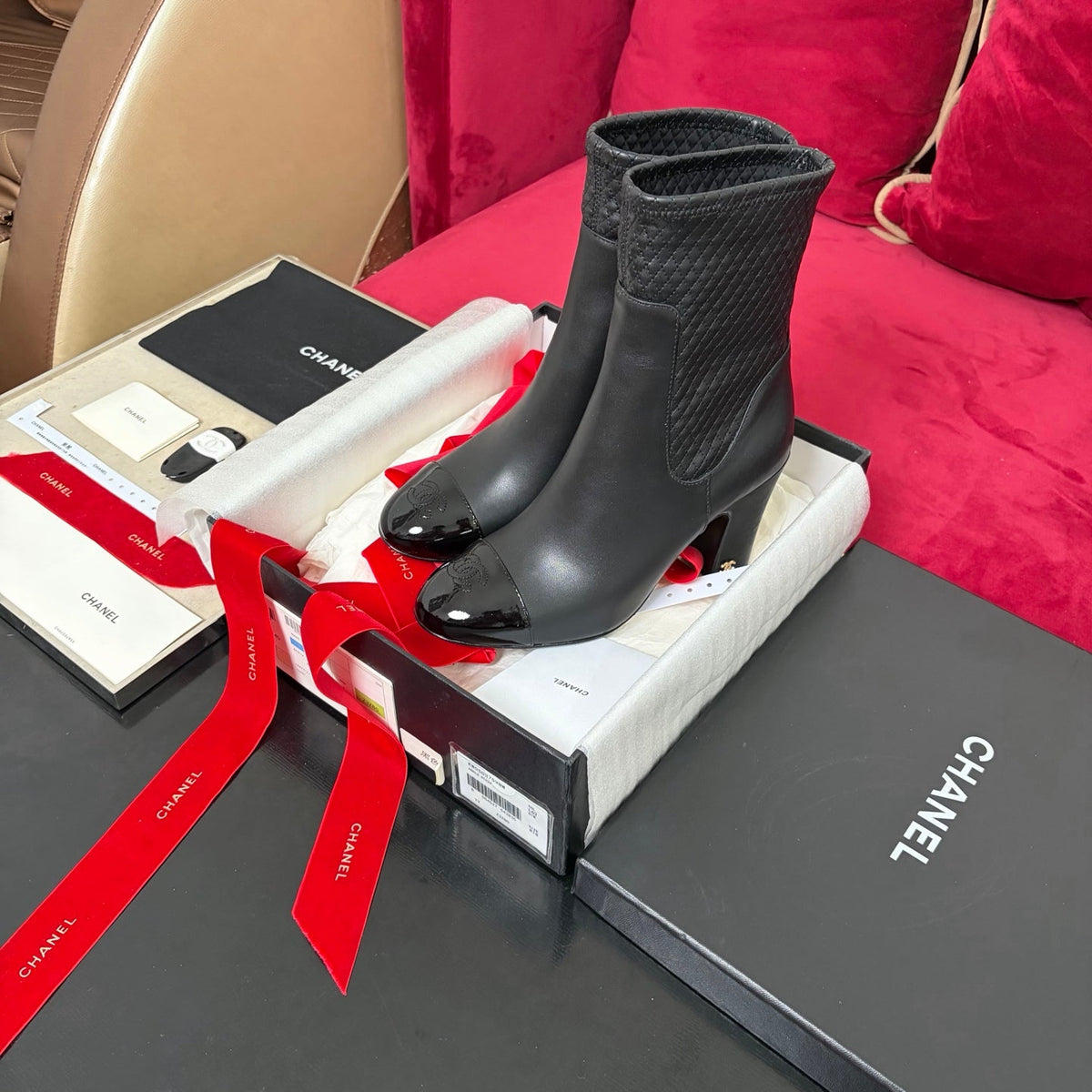 Chanel 26K Shoes Ankle Boots Black Quilted Patent Black Toe Cap 189010