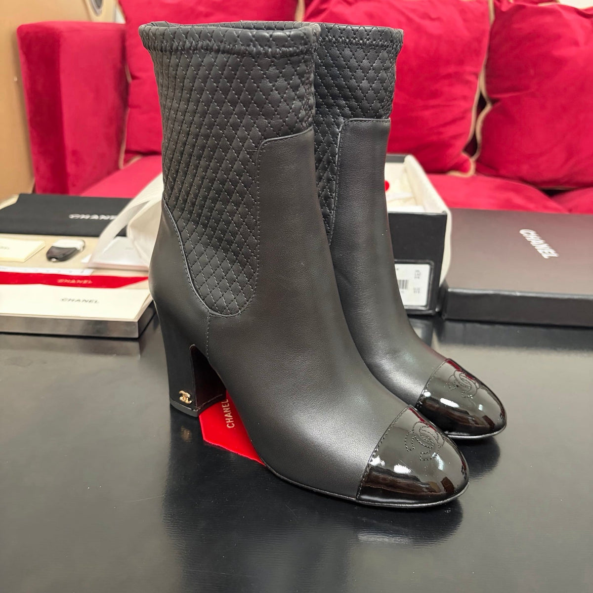 Chanel 26K Shoes Ankle Boots Black Quilted Patent Black Toe Cap 189010
