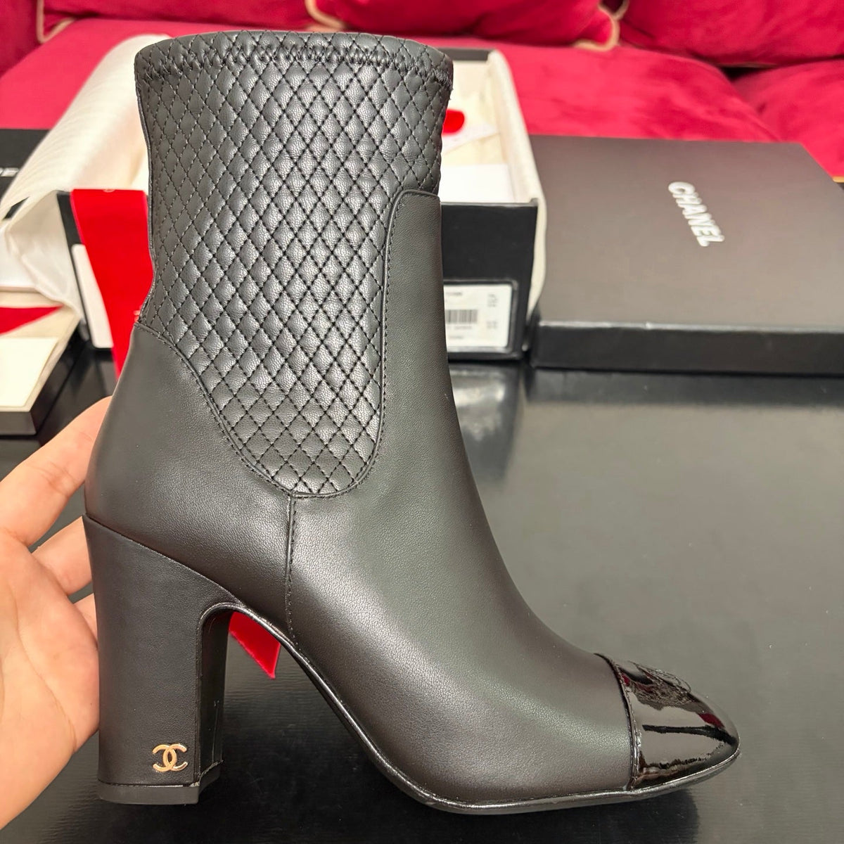 Chanel 26K Shoes Ankle Boots Black Quilted Patent Black Toe Cap 189010