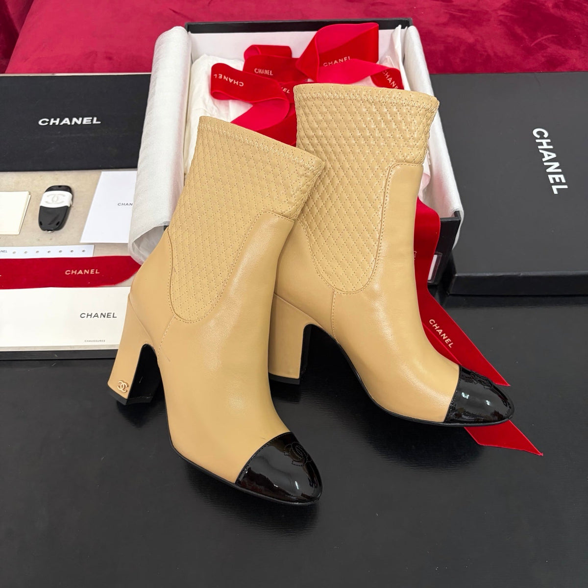 Chanel 26K Shoes Ankle Boots Beige Quilted Patent Black Toe Cap 189011
