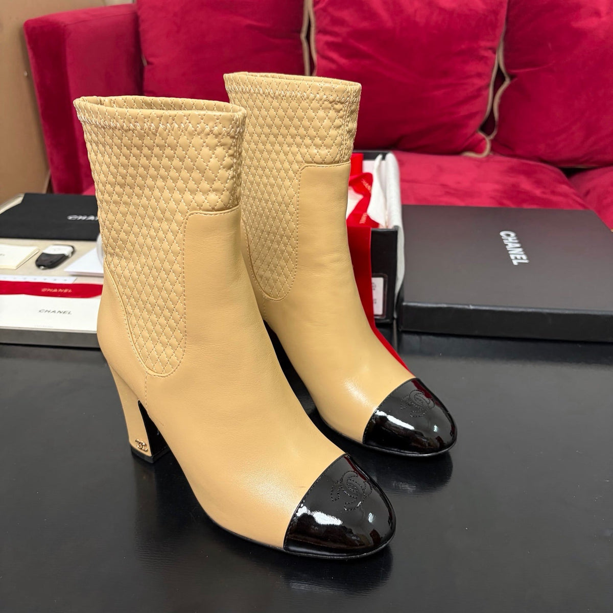 Chanel 26K Shoes Ankle Boots Beige Quilted Patent Black Toe Cap 189011