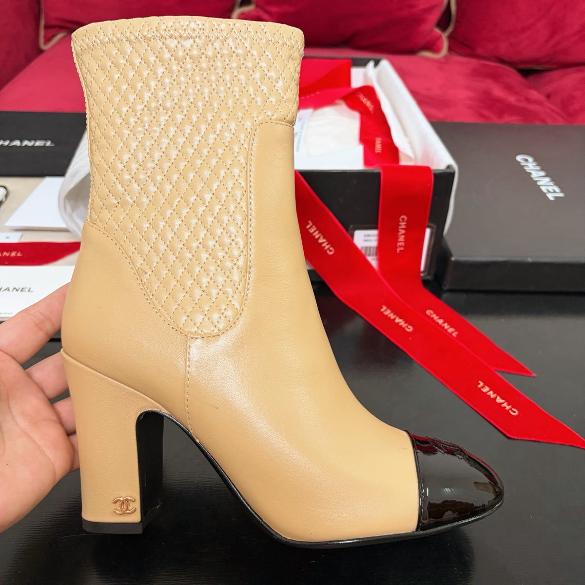 Chanel 26K Shoes Ankle Boots Beige Quilted Patent Black Toe Cap 189011