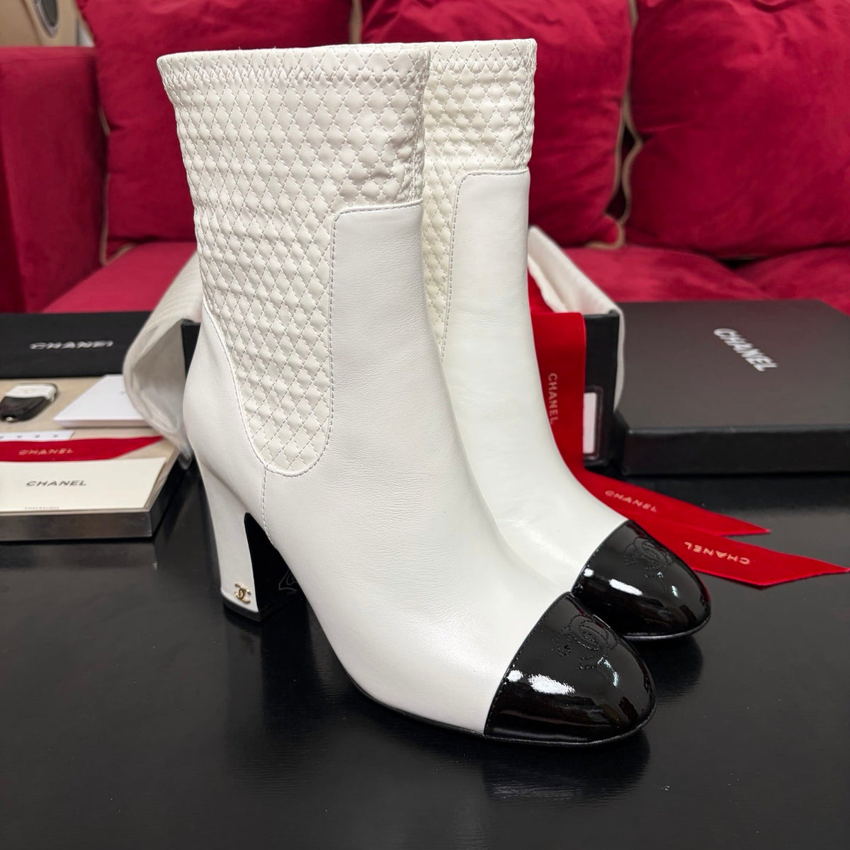 Chanel 26K Shoes Ankle Boots White Quilted Patent Black Toe Cap 189012