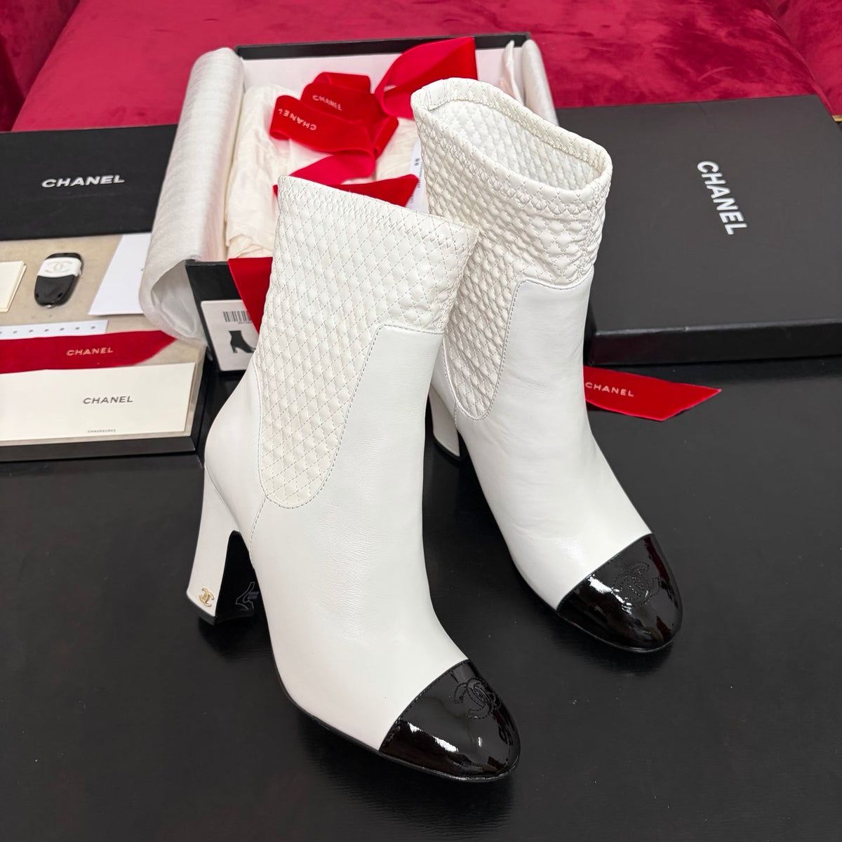 Chanel 26K Shoes Ankle Boots White Quilted Patent Black Toe Cap 189012
