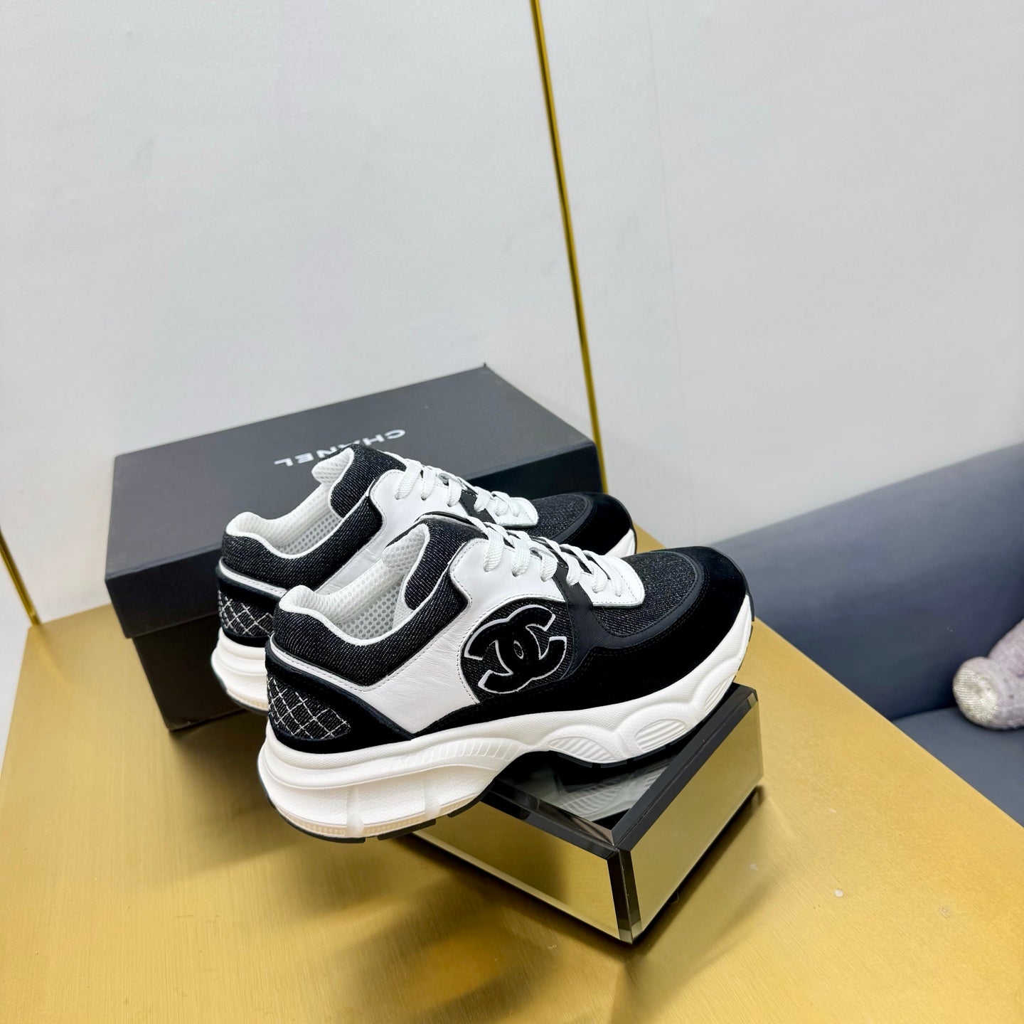 CC 26s Chunky Sneakers White Black Denim Suede 927332