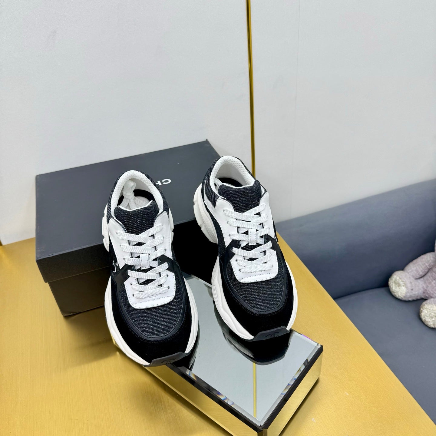 CC 26s Chunky Sneakers White Black Denim Suede 927332