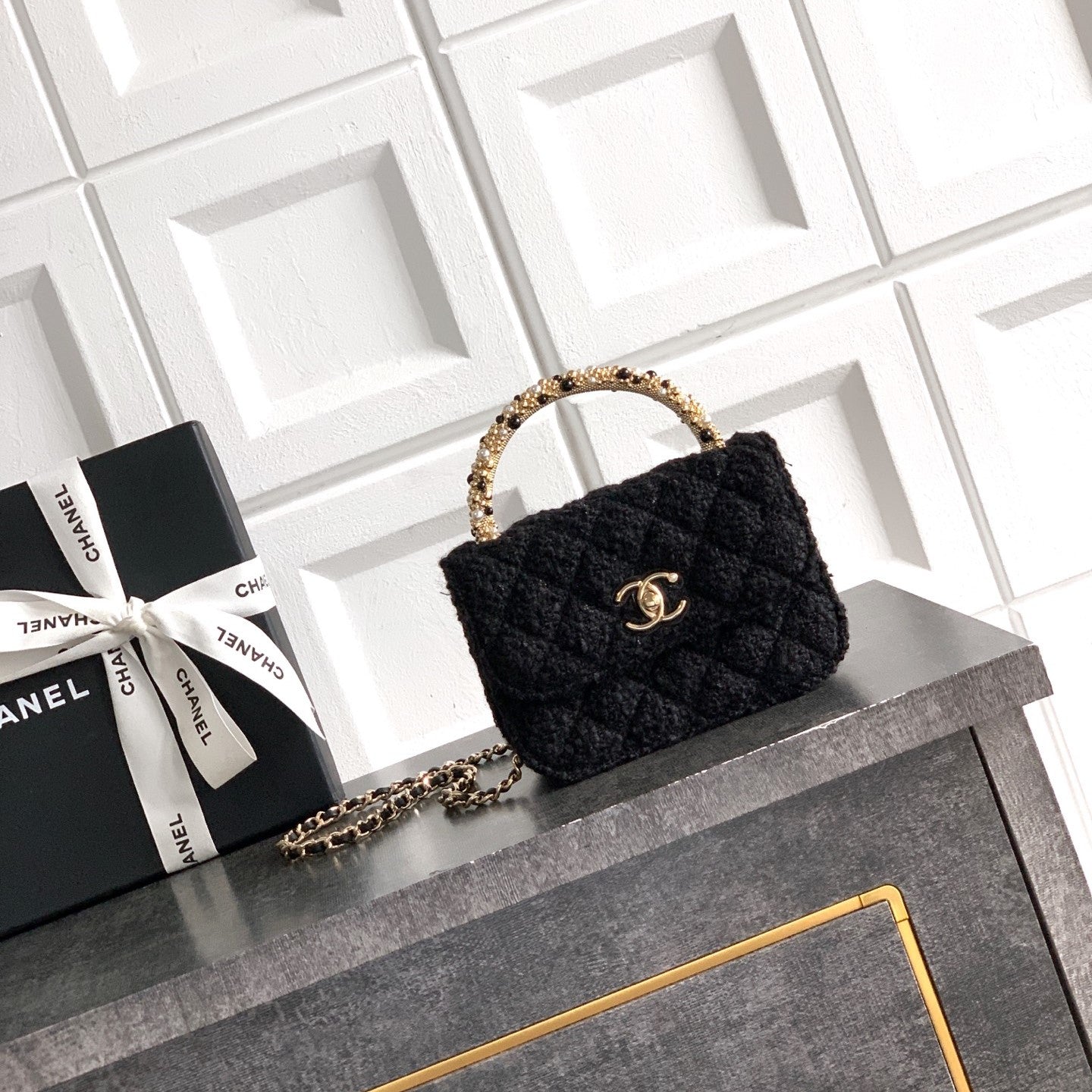 CC Mini Flap Bag 15 With Handle Black Tweed