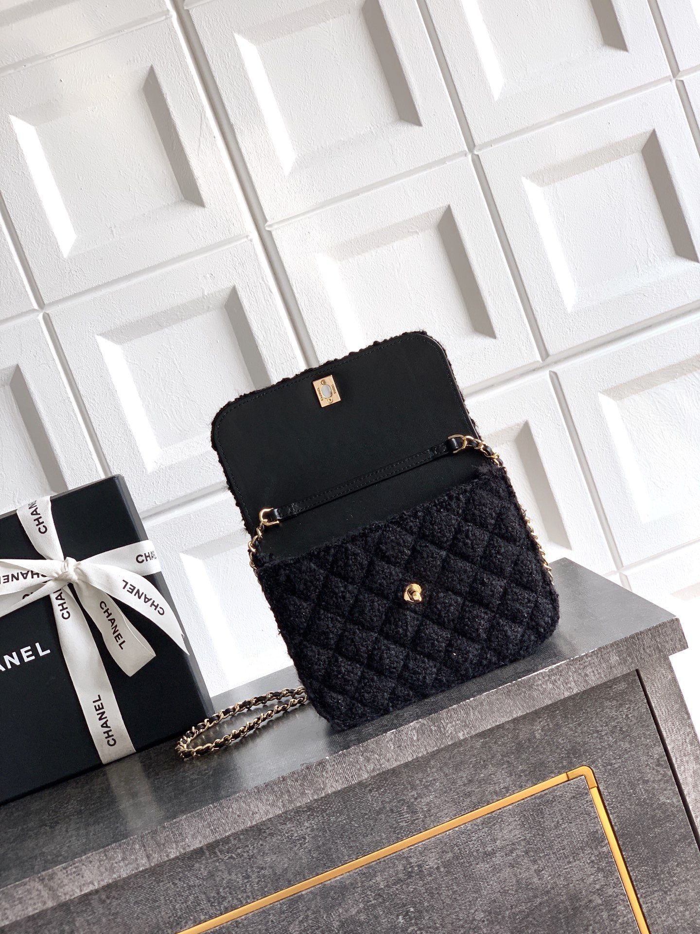 CC Mini Flap Bag 17.5 With Handle Black Tweed