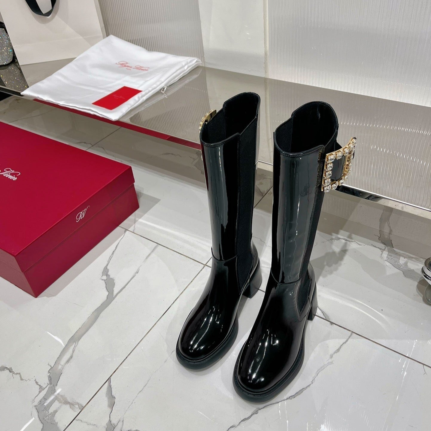 Viv Diamond High Boots Black Cowhide Patent Leather 365205