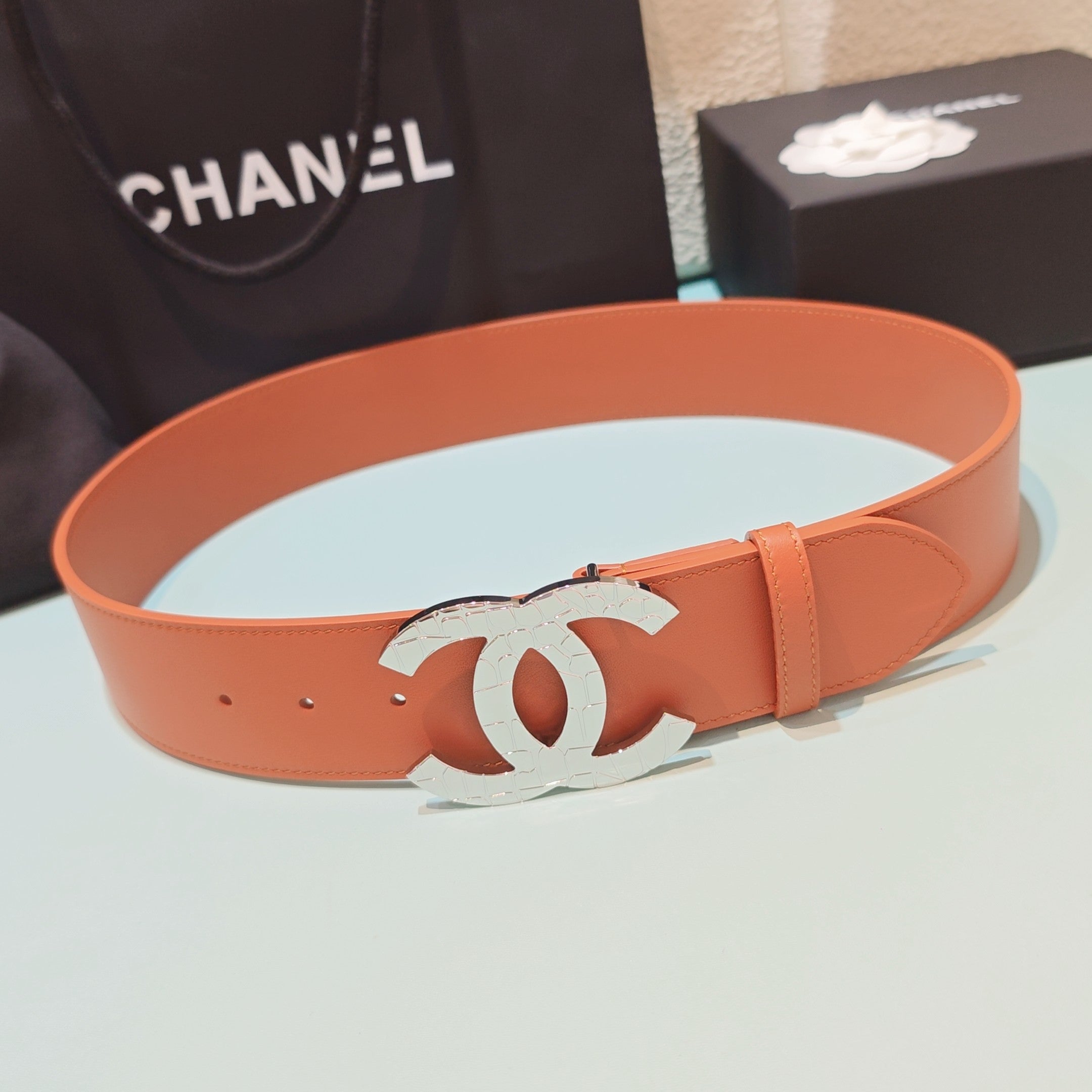 CC Belt 5.0 Brass Hardware Buckle Orange Leather 200101