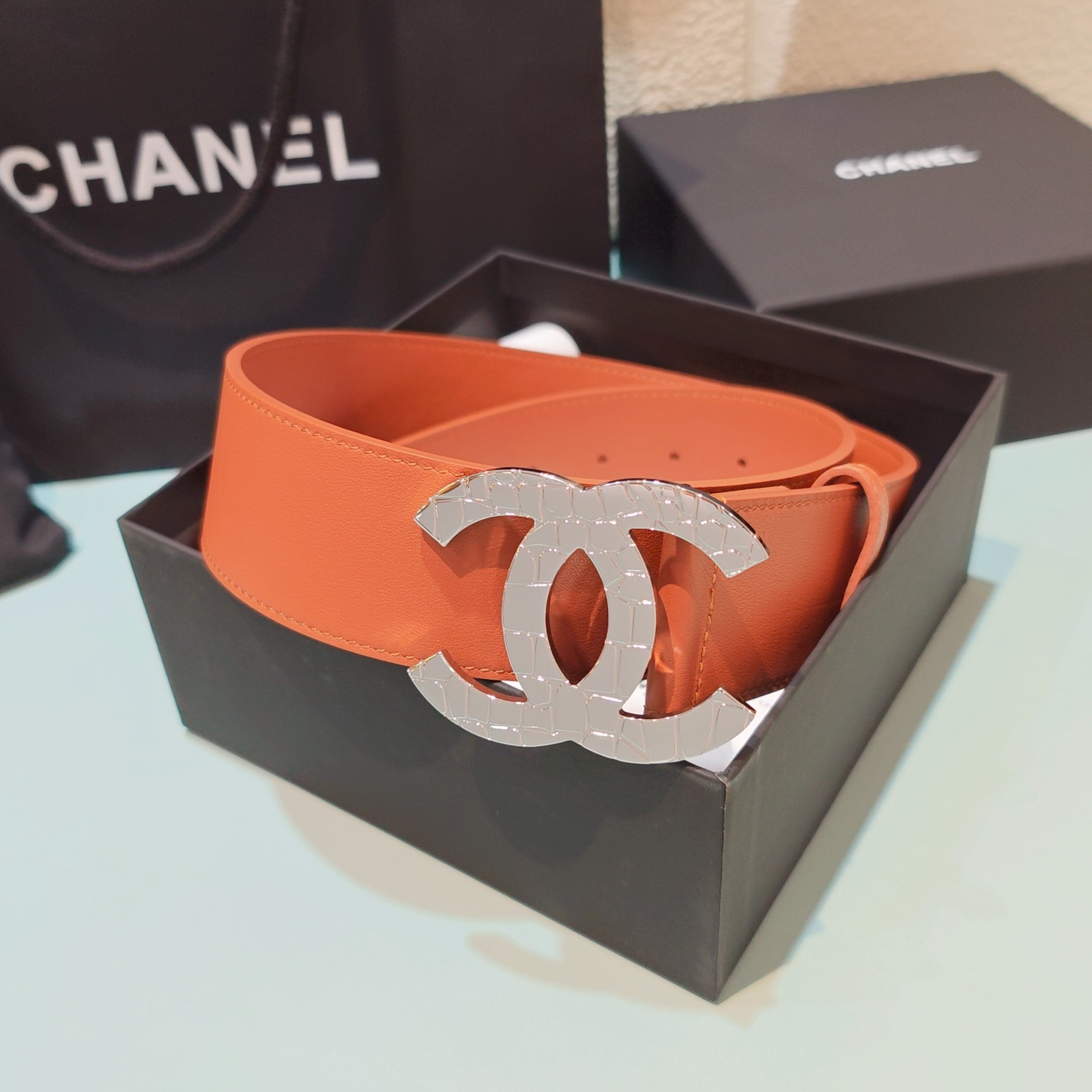 CC Belt 5.0 Brass Hardware Buckle Orange Leather 200101