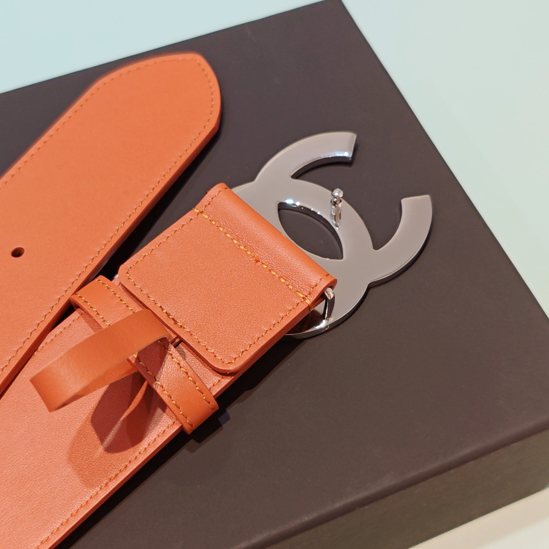 CC Belt 5.0 Brass Hardware Buckle Orange Leather 200101