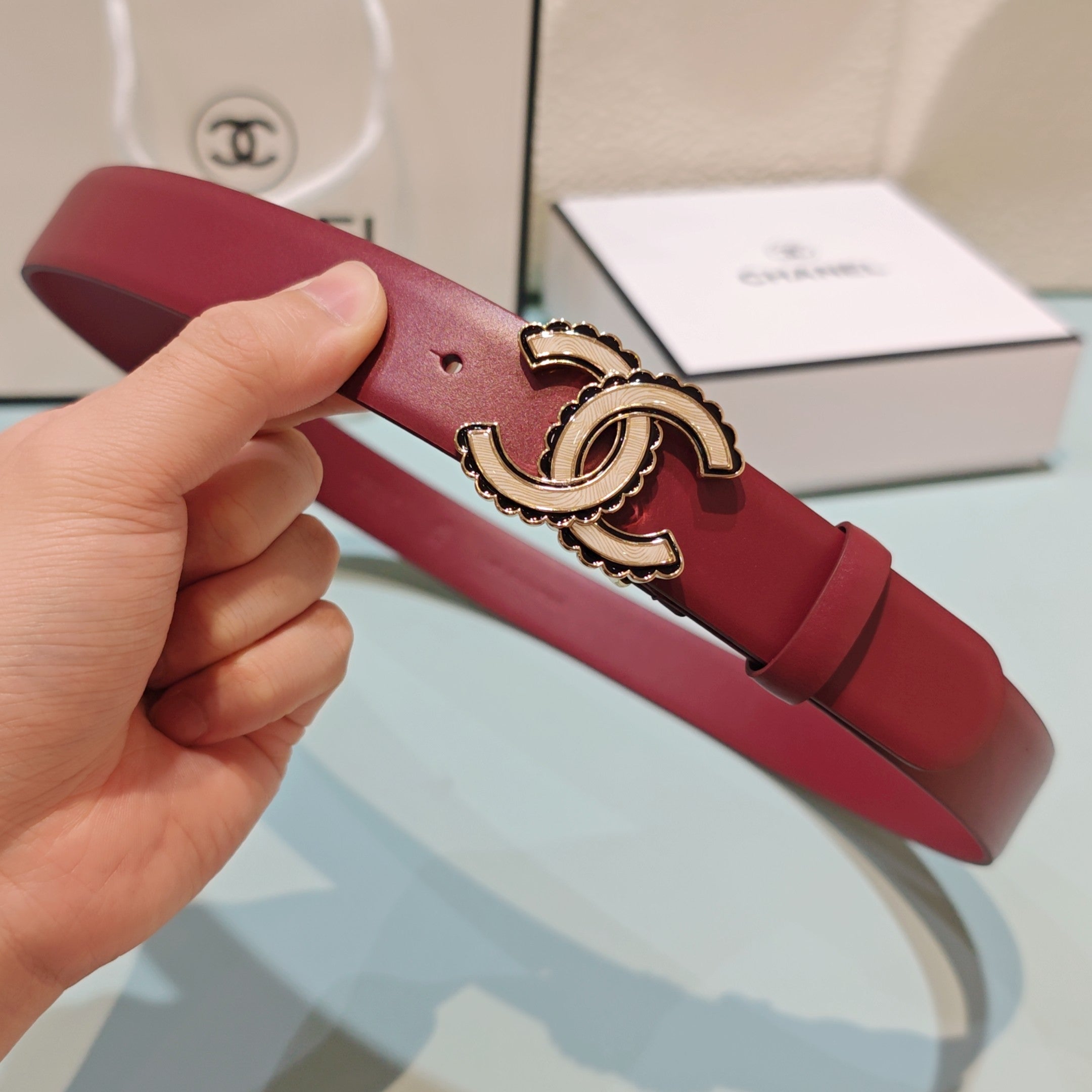 CC Belt 3.0 Scalloped Edge Buckle Burgundy Cowhide 200001