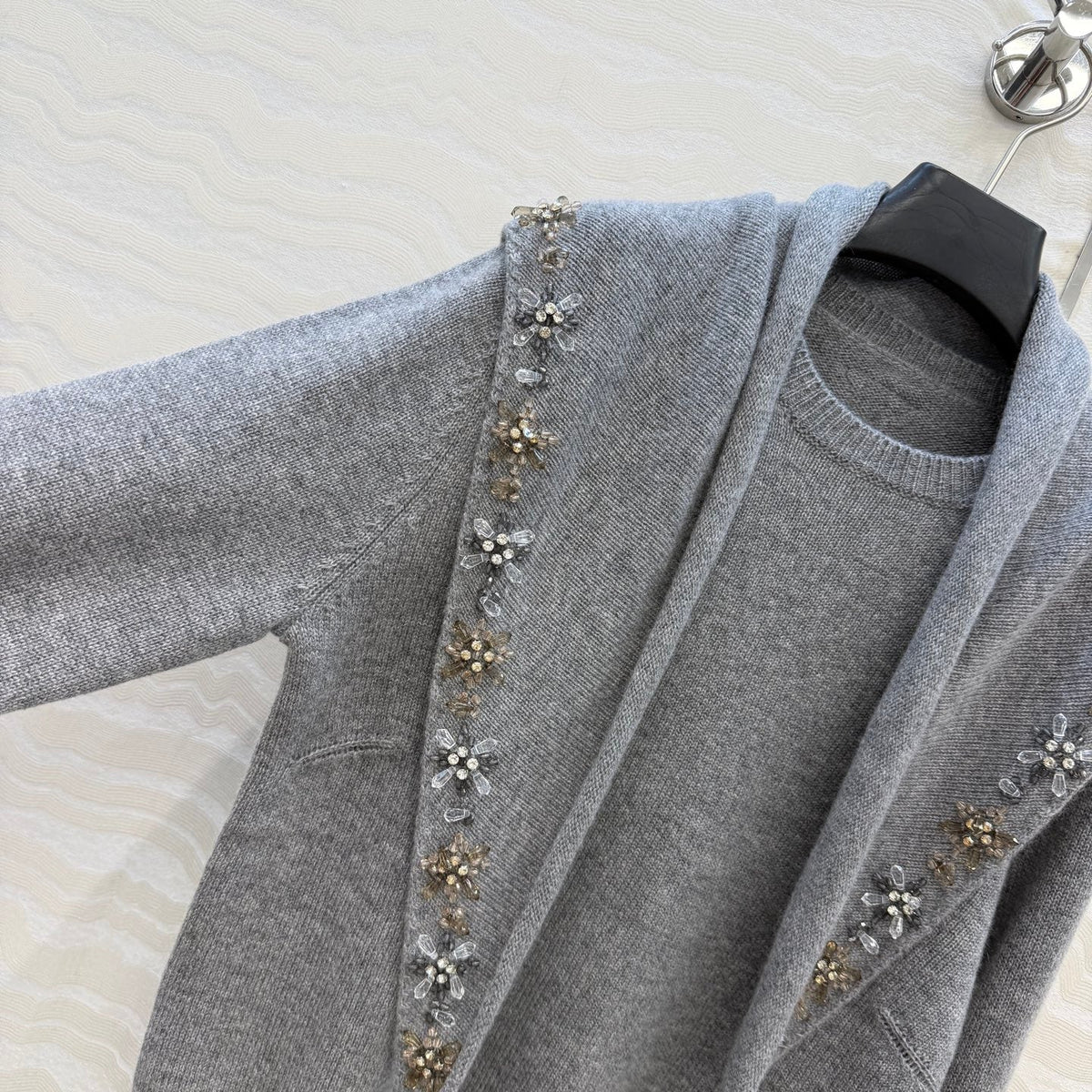 Prada 26S Crystal-Embellished Knit Sweater Grey Cashmere 441039