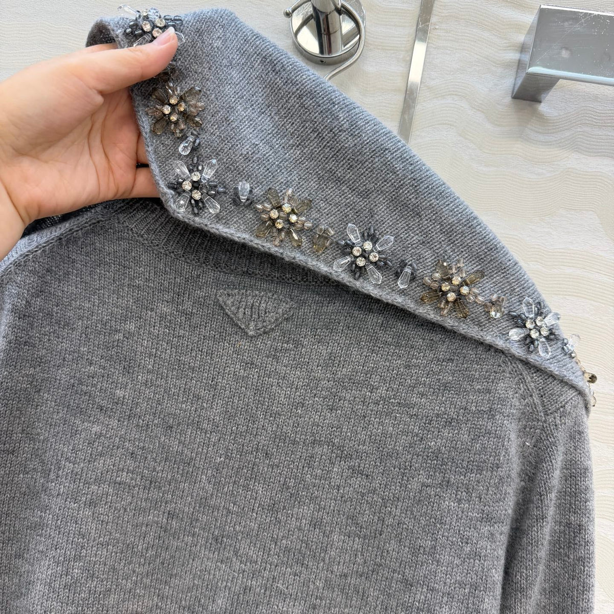 Prada 26S Crystal-Embellished Knit Sweater Grey Cashmere 441039