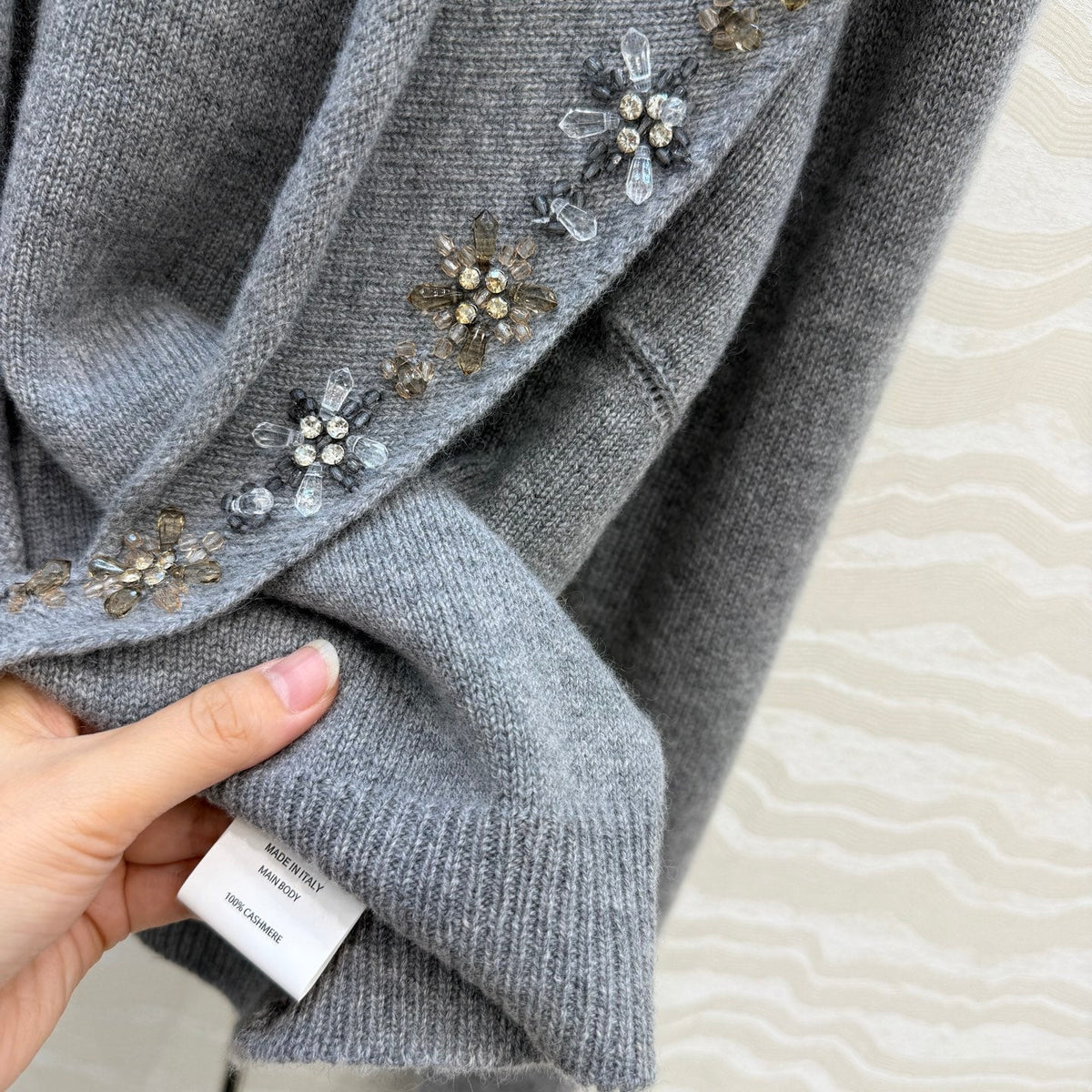 Prada 26S Crystal-Embellished Knit Sweater Grey Cashmere 441039