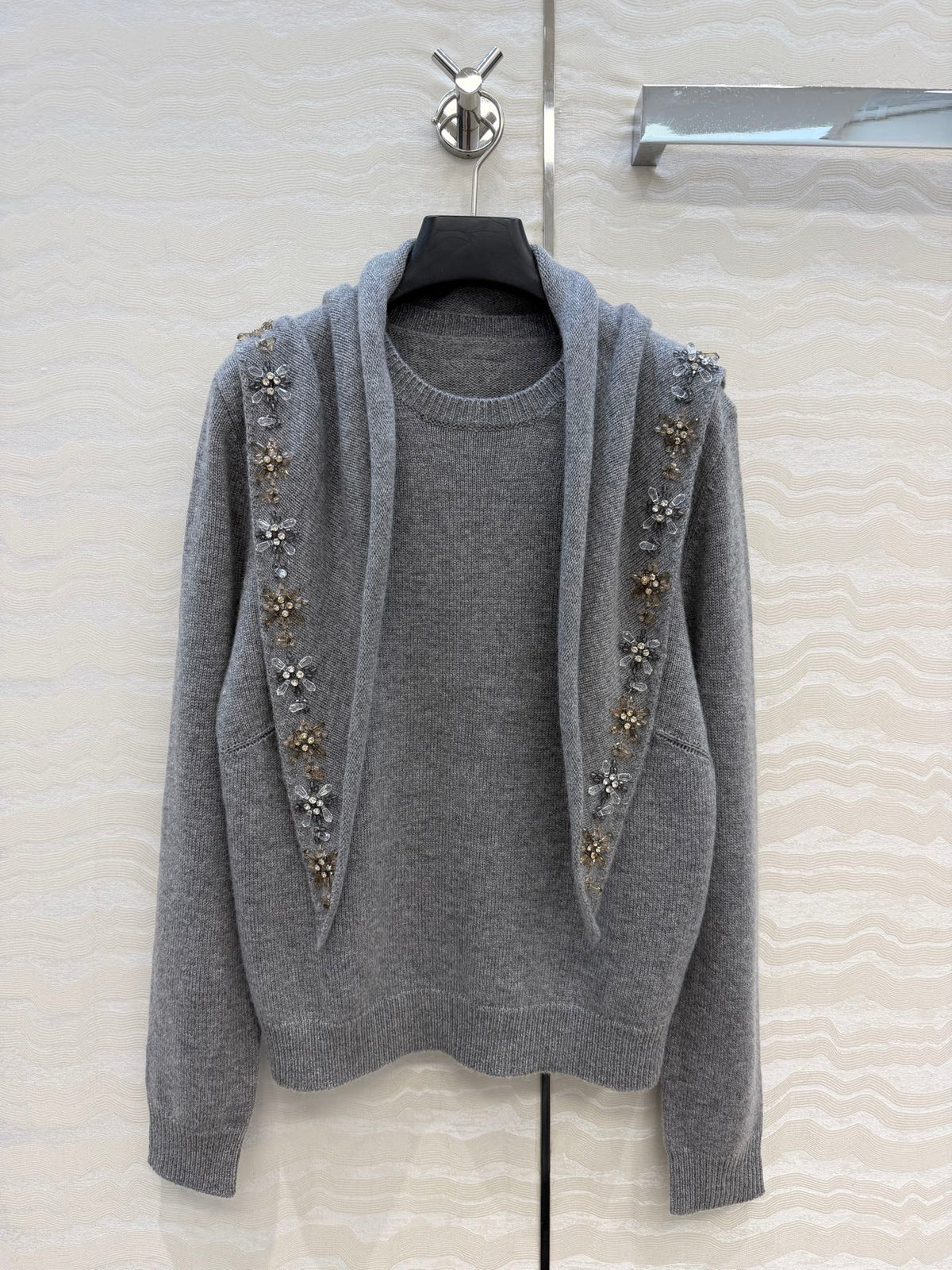 Prada 26S Crystal-Embellished Knit Sweater Grey Cashmere 441039