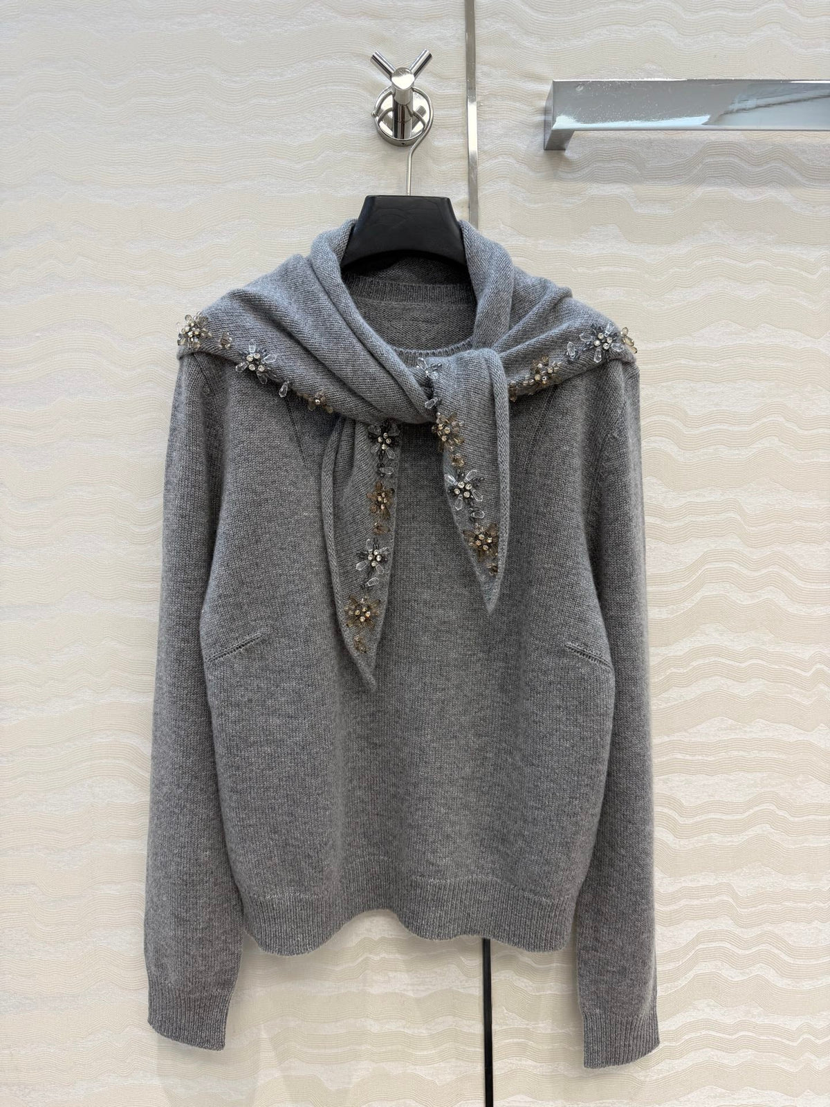 Prada 26S Crystal-Embellished Knit Sweater Grey Cashmere 441039