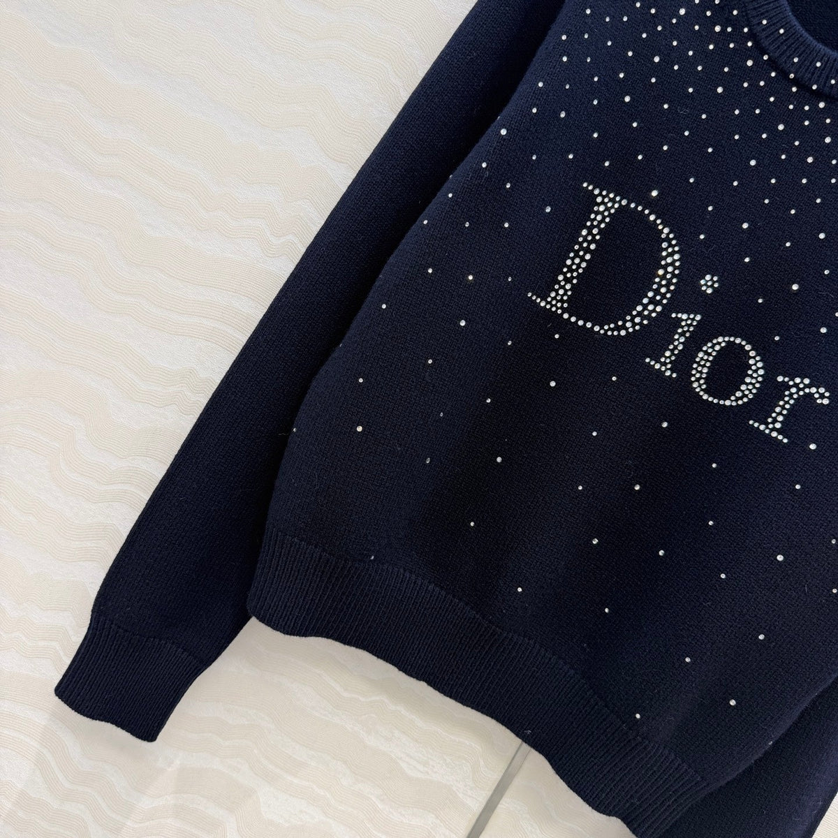 Dior 2026 Navy Rhinestone Logo Knit Crewneck Sweater 446753