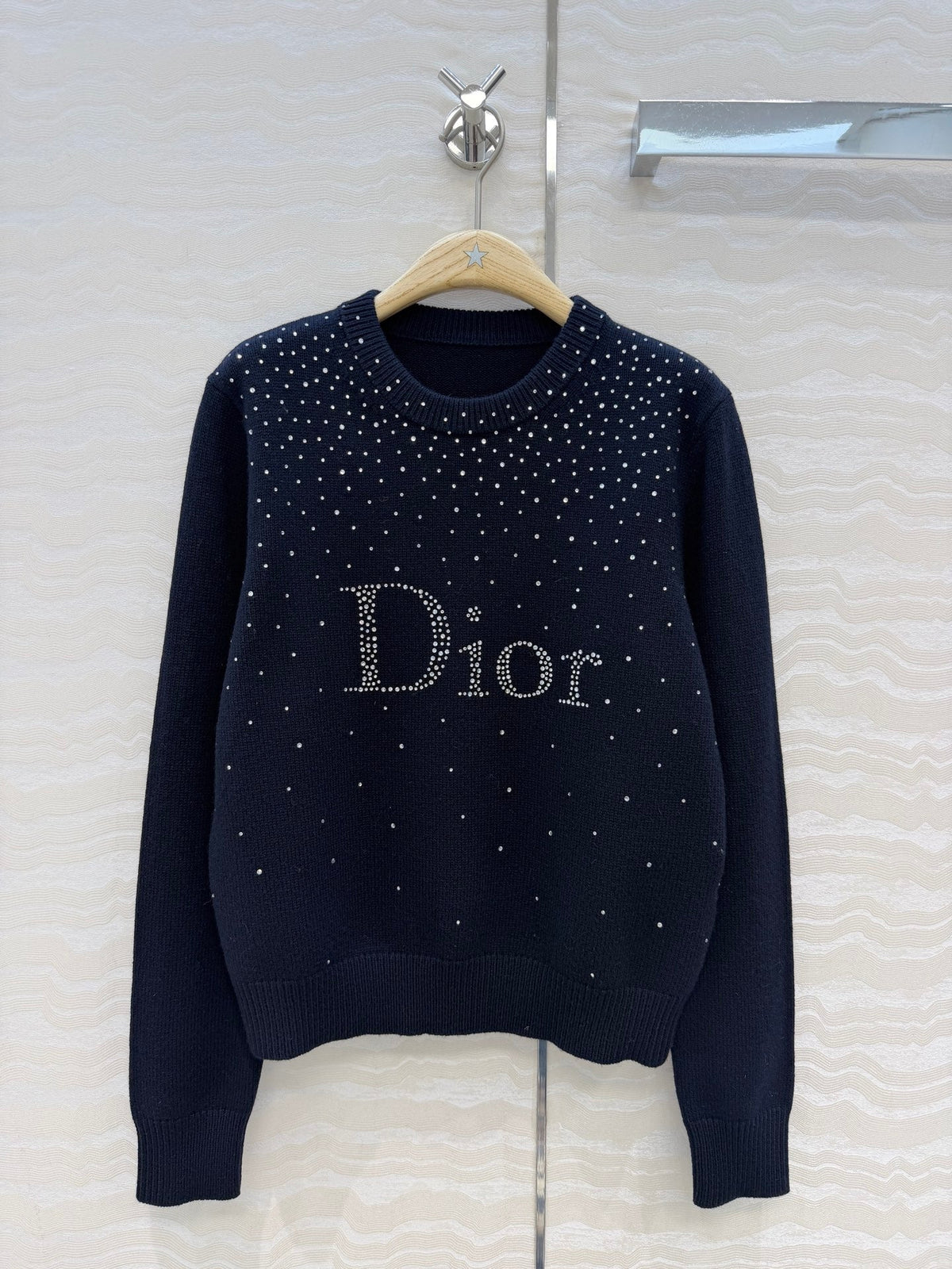 Dior 2026 Navy Rhinestone Logo Knit Crewneck Sweater 446753