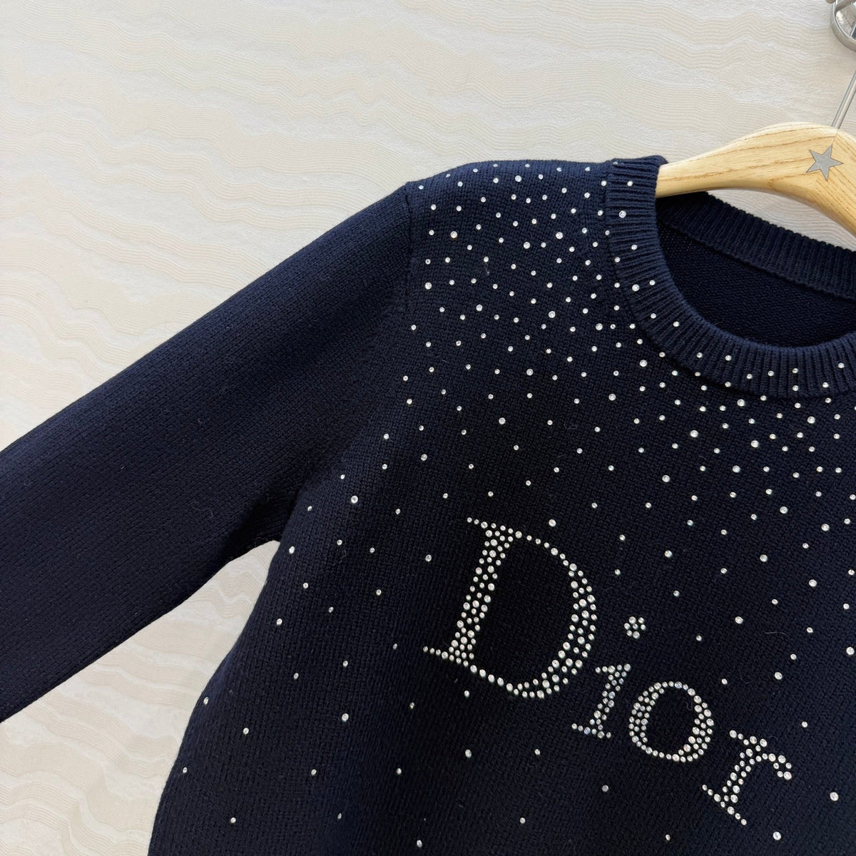 Dior 2026 Navy Rhinestone Logo Knit Crewneck Sweater 446753