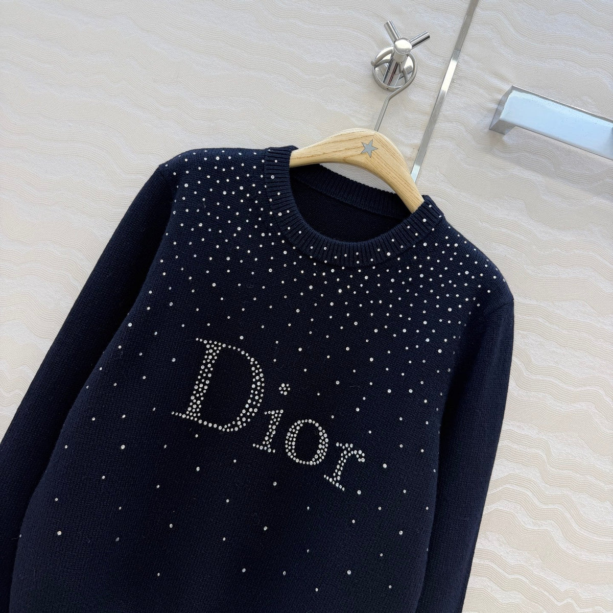Dior 2026 Navy Rhinestone Logo Knit Crewneck Sweater 446753