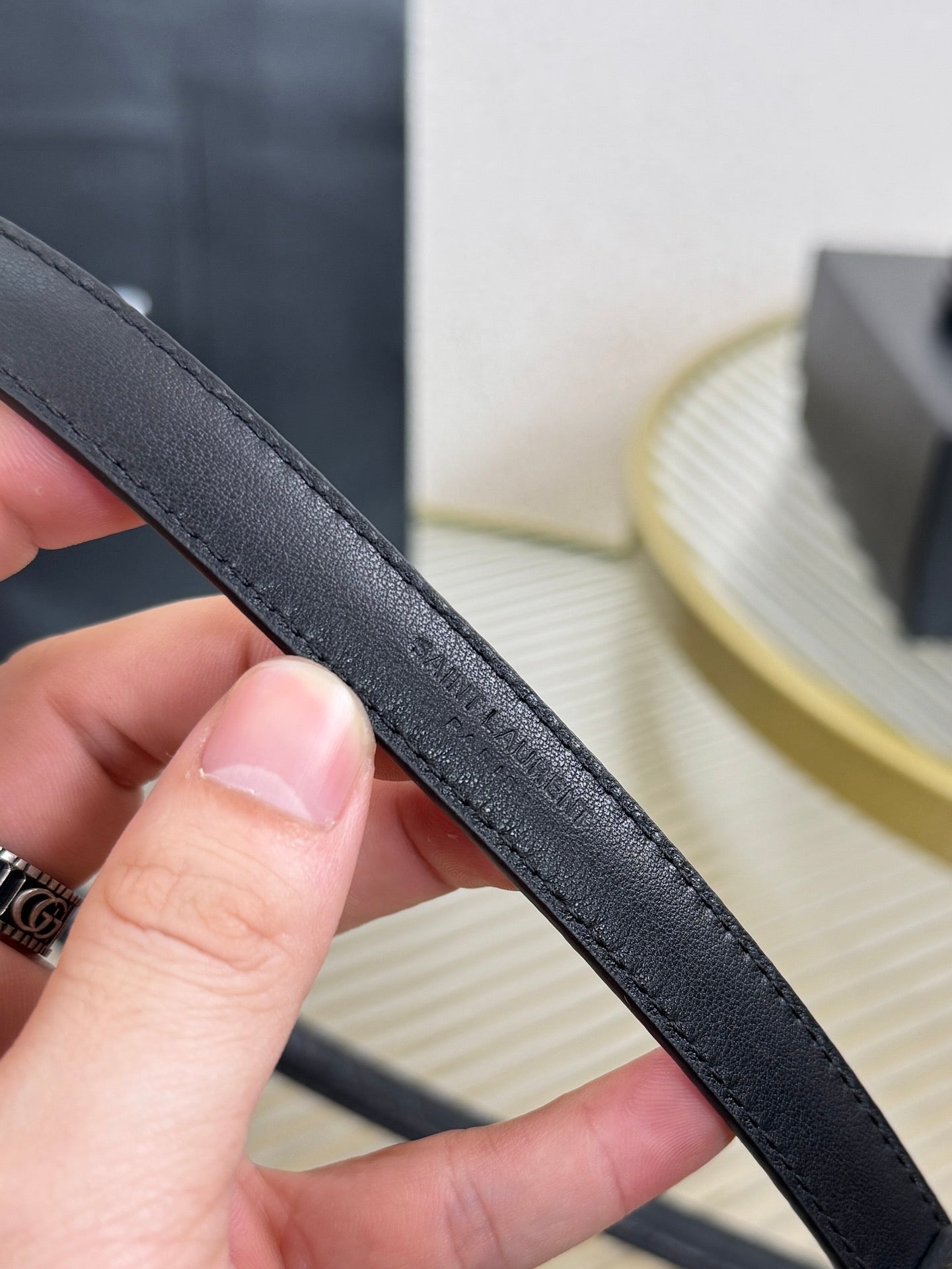 YSL 1.5 Gold Oval Buckle Belt Black Embossed Leather 200477