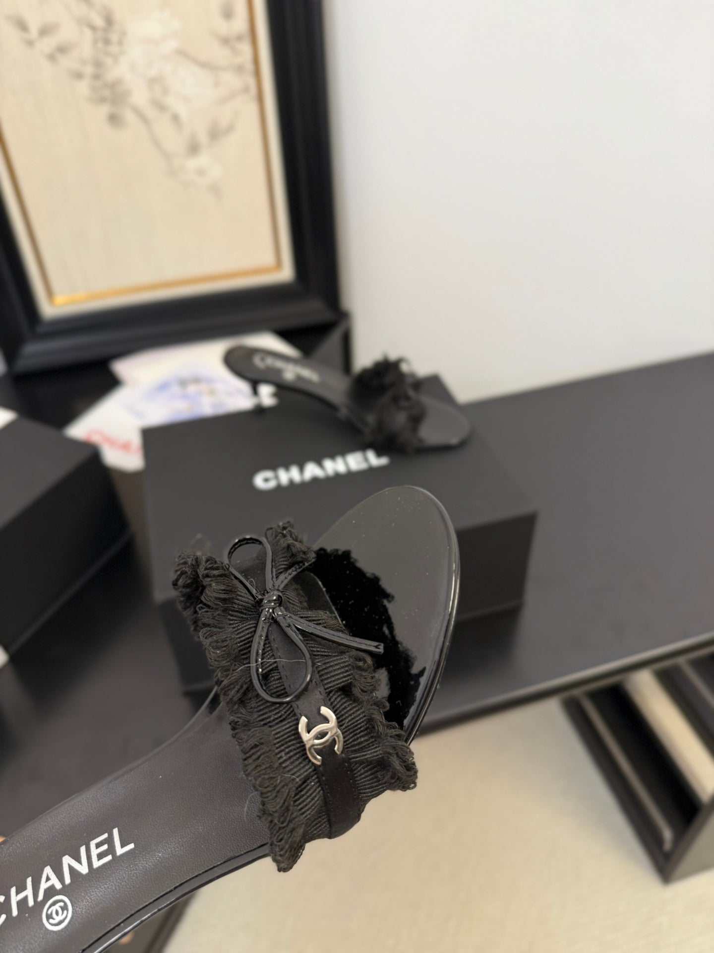 cc25 slide sandal 65mm ruffle bow heels black grosgrain canvas 233584