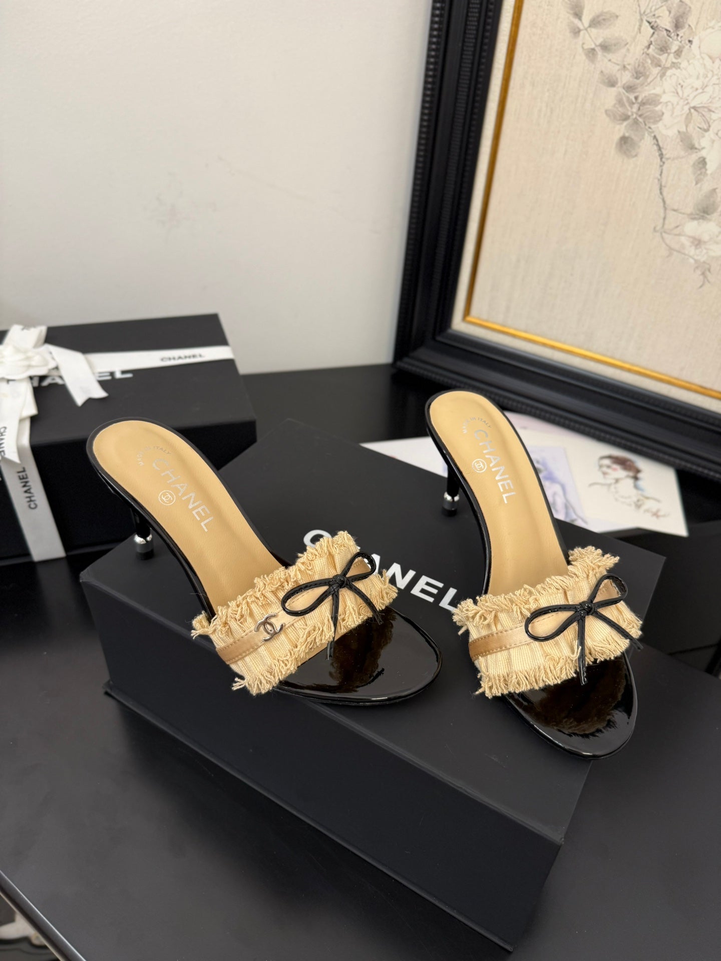 cc25 slide sandal 90mm ruffle bow heels black grosgrain gold canvas 233586