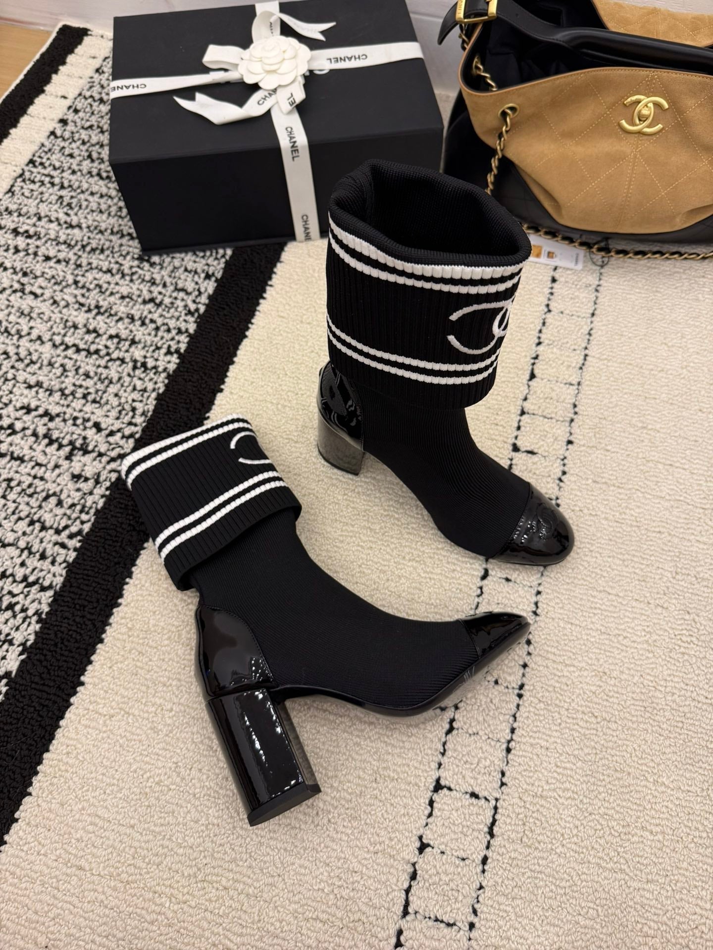 CC 2025 Chunky Heel Sock Boot Black Leather Knit 548117
