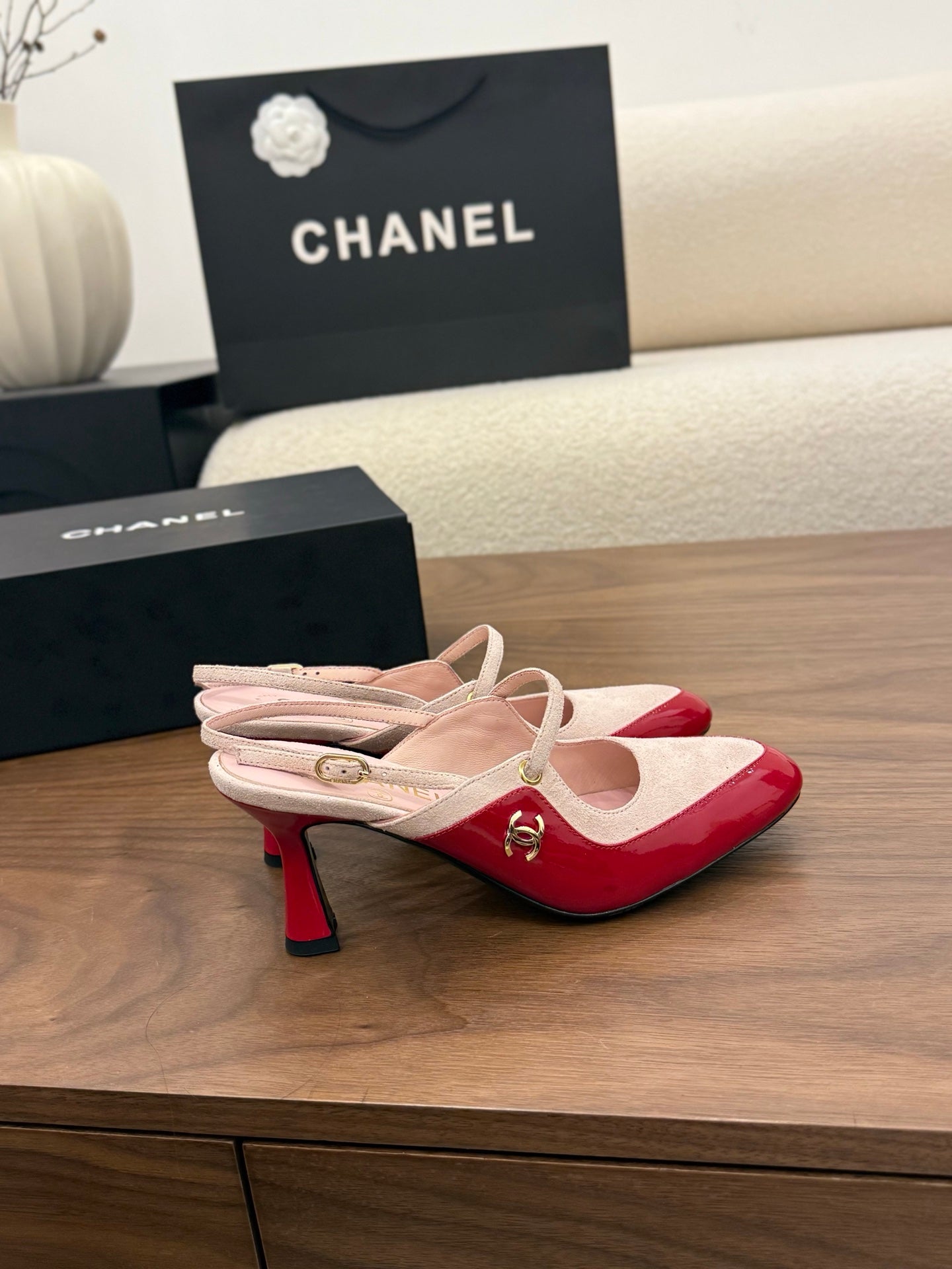 CC 26FW Slingback 7.5cm Pink Red Suede Patent Leather 676122