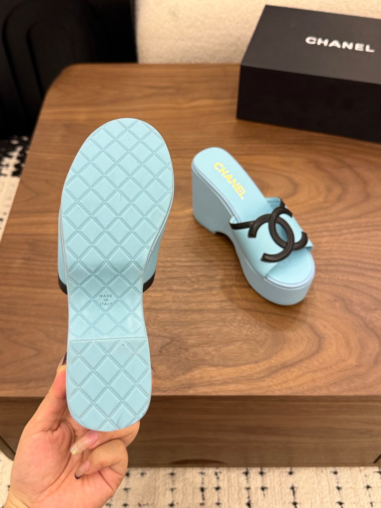 CC 26s Wedge Sandals 95 Mm In Pastel Blue Calfskin