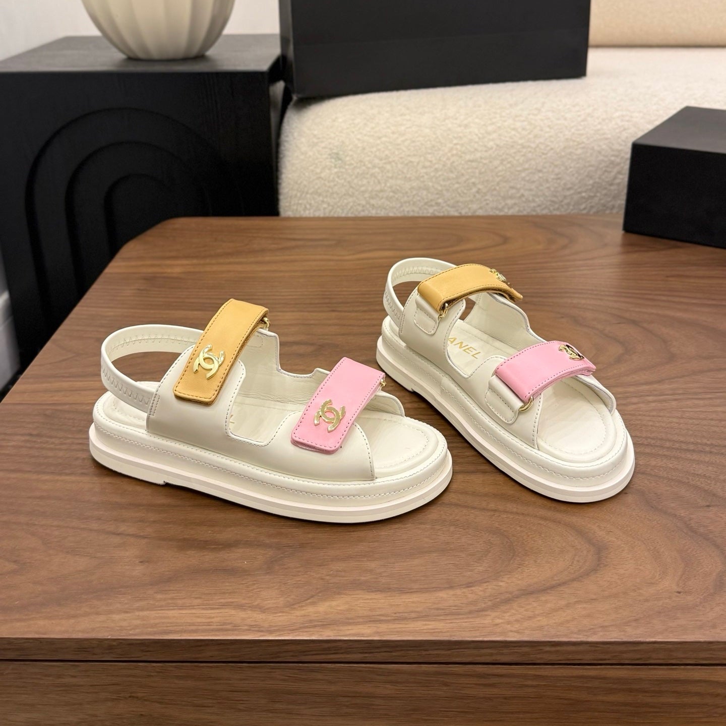 CC Dad Sandals White Pink Brown Calfskin 850576