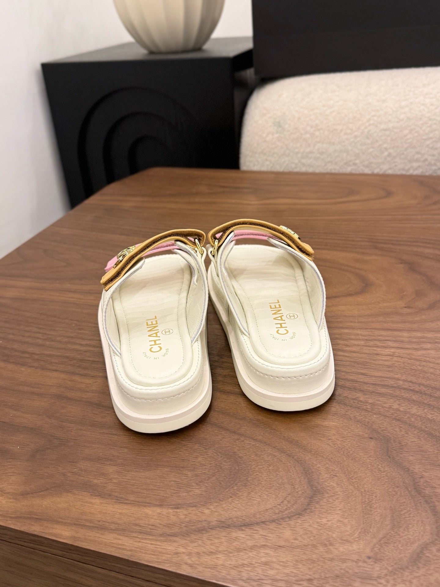 CC Dad Mules White Pink Brown Calfskin 850577
