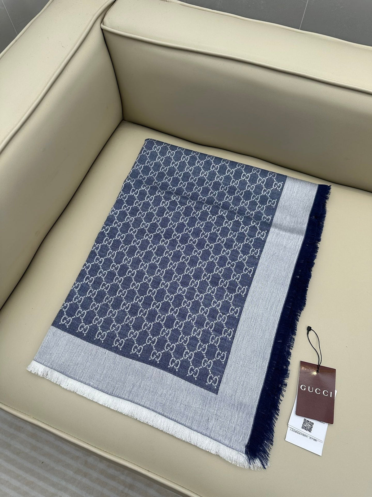 GG Wool Silk Blend Shawl White Blue 536810