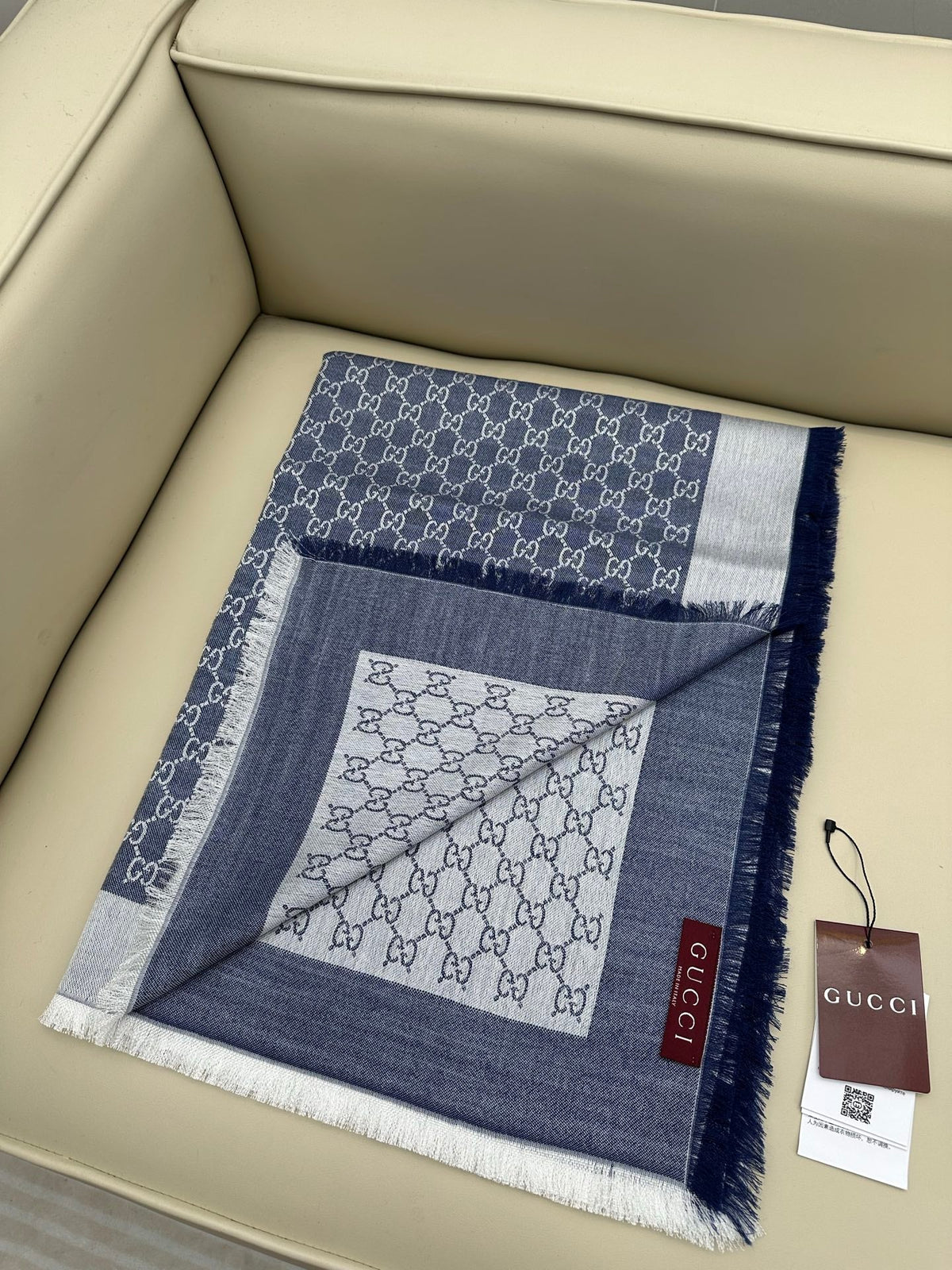 GG Wool Silk Blend Shawl White Blue 536810