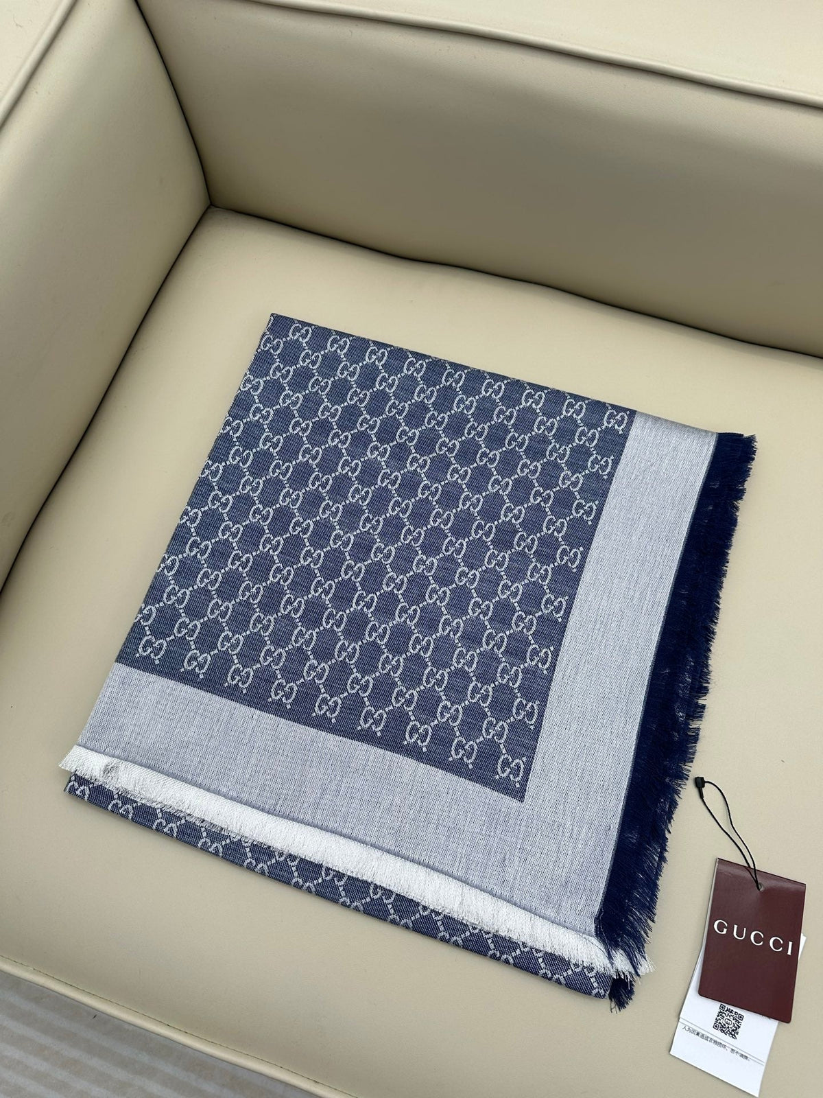 GG Wool Silk Blend Shawl White Blue 536810