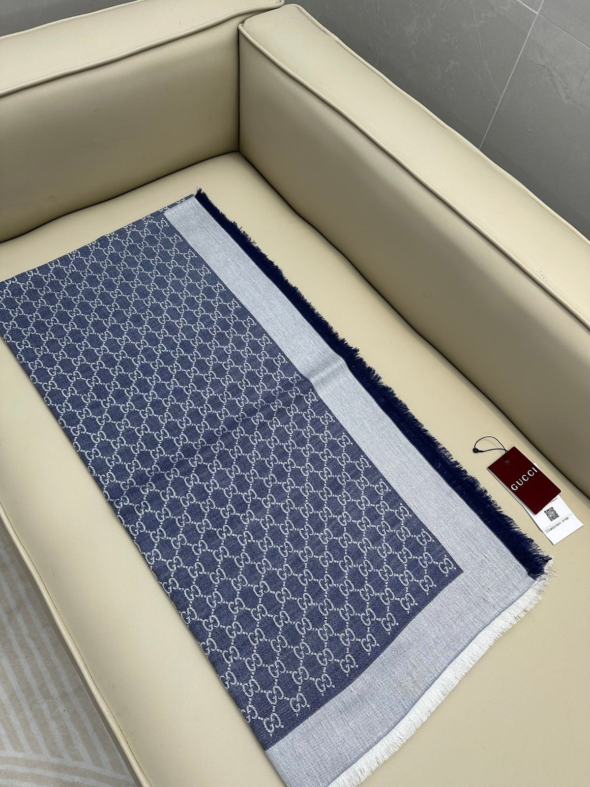 GG Wool Silk Blend Shawl White Blue 536810