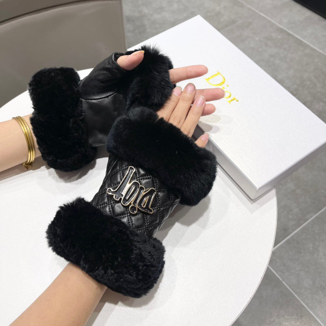 FINGERLESS GLOVES IN BLACK RABBIT FUR AND LAMBSKIN 113716