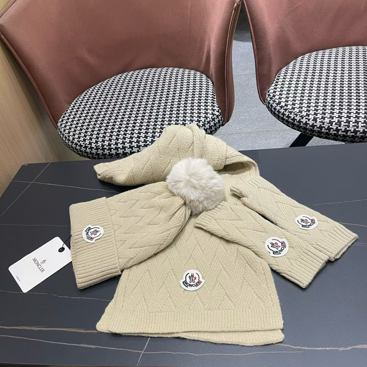 Moncler 26S Cable-Knit Pompom Beanie Scarf & Fingerless Gloves Beige Set 506084