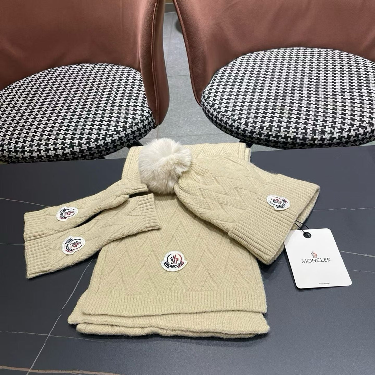 Moncler 26S Cable-Knit Pompom Beanie Scarf & Fingerless Gloves Beige Set 506084