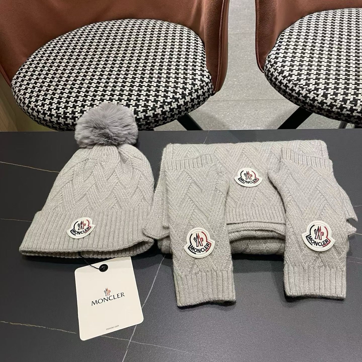 Moncler 26S Cable-Knit Pompom Beanie Scarf & Fingerless Gloves Grey Set 506085